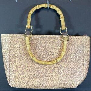 Relic Woven and Leather Bamboo Handles Hand Bag Purse Cheetah leopard Print